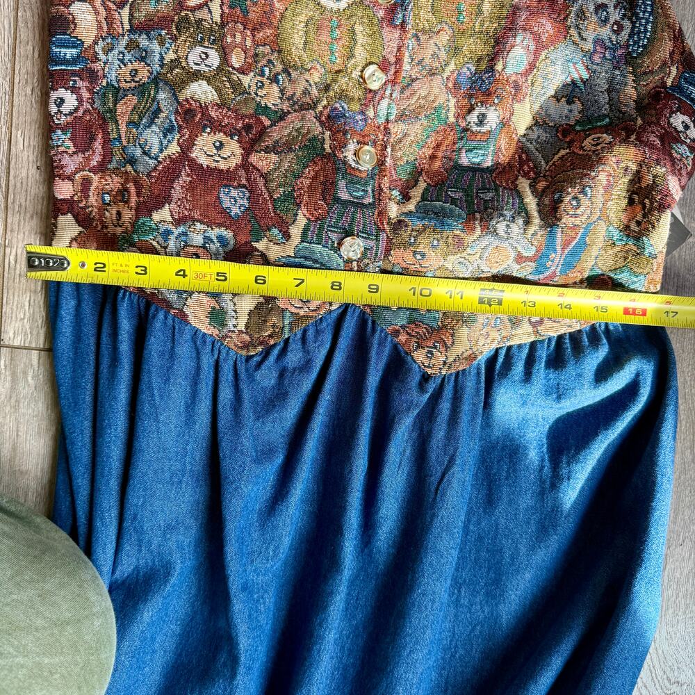 Vintage 90s Teddy Bear Tapestry Denim Dress | Cottagecore Prairie Dress - Picture 9 of 10